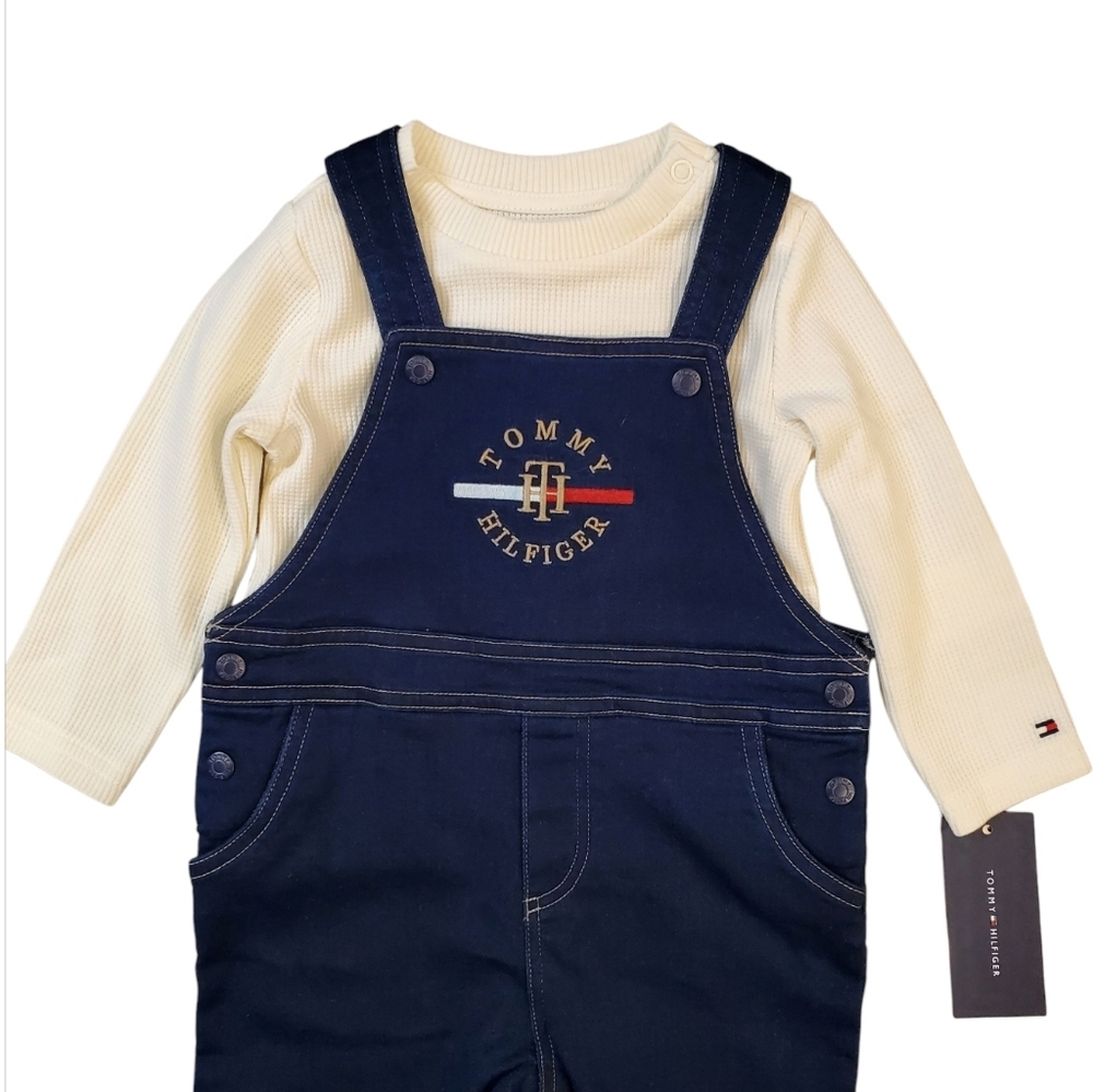Tommy Hilfiger Denim Carpenter Bib Overalls Baby 12M Long Sleeve Thermal Tee - Picture 2 of 11
